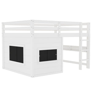 Full Size Loft Bed With Sliding Chalkboard & Bookshelf