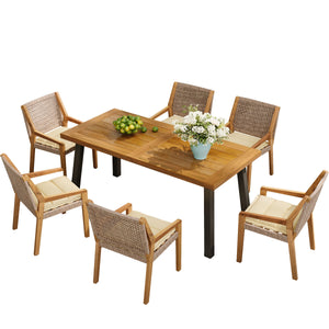 Outdoor Dining Set – Premium Acacia Wood Table & Wicker Chairs