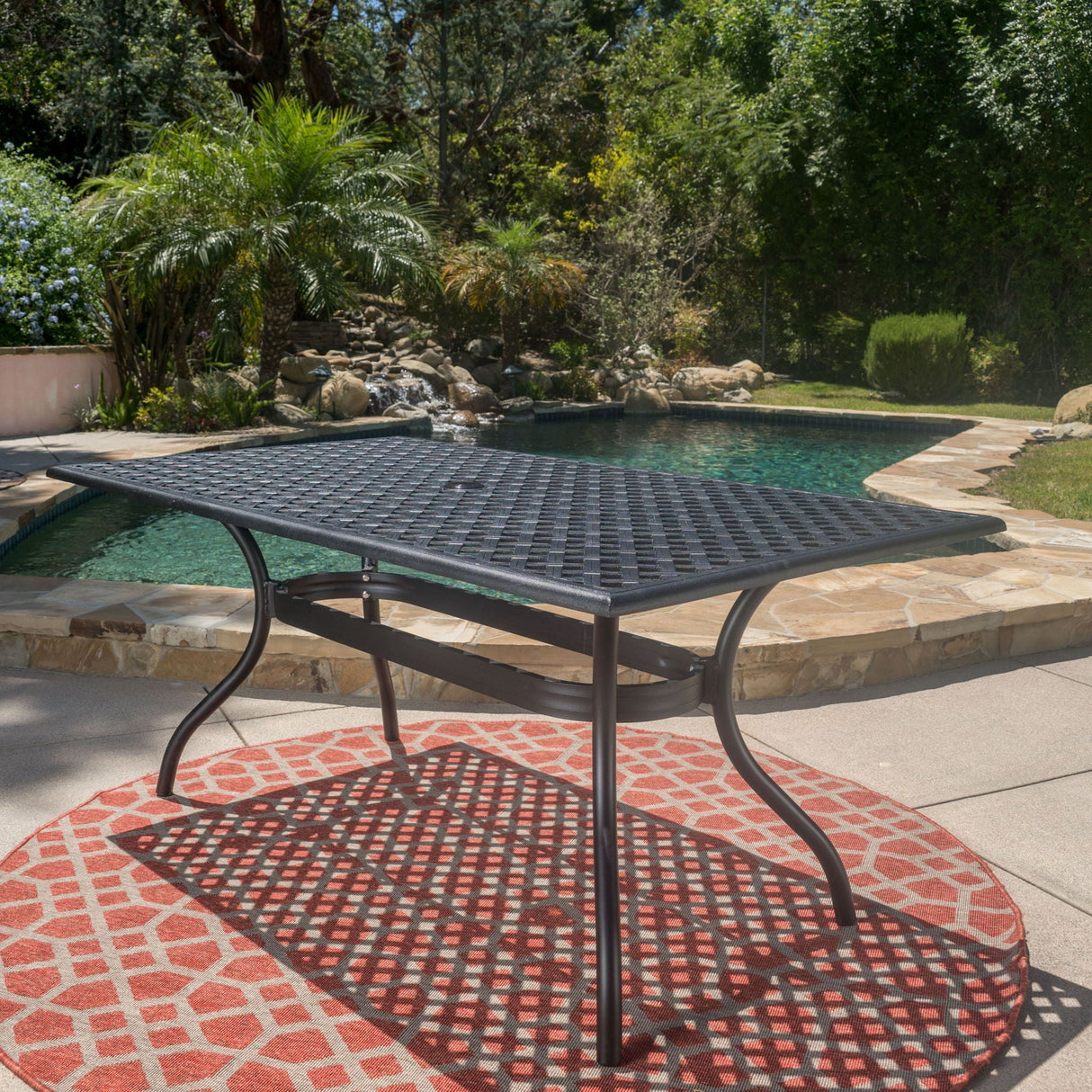 Outdoor Aluminum Dining Table with Lattice Design and Center Umbrella Hole - Black