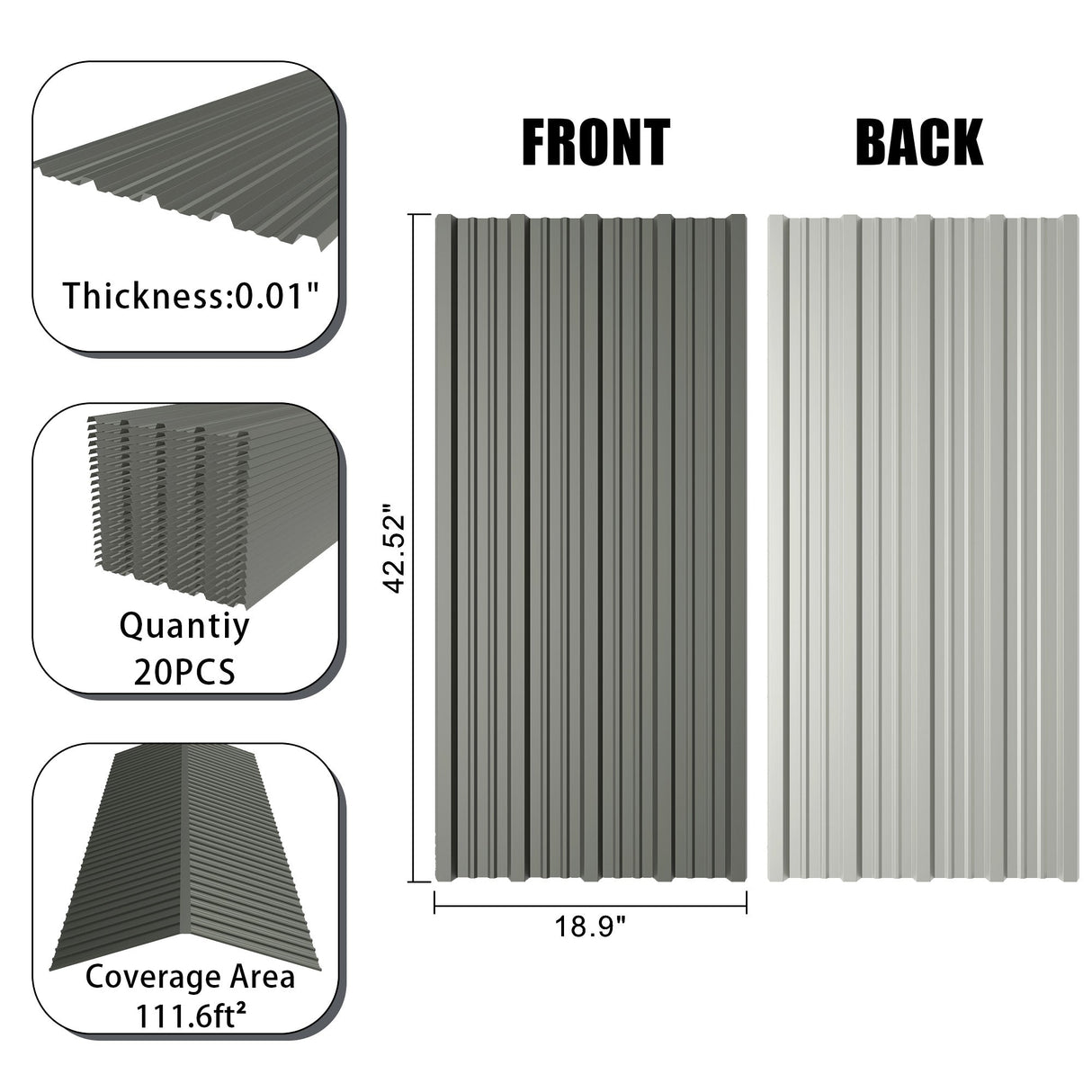 20 Pcs 42.52''X18.9'' Corrugated Metal Roofing Panels