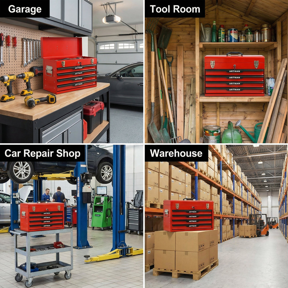 20-Inch Steel Tool Box with Drawers – Portable Storage, Red