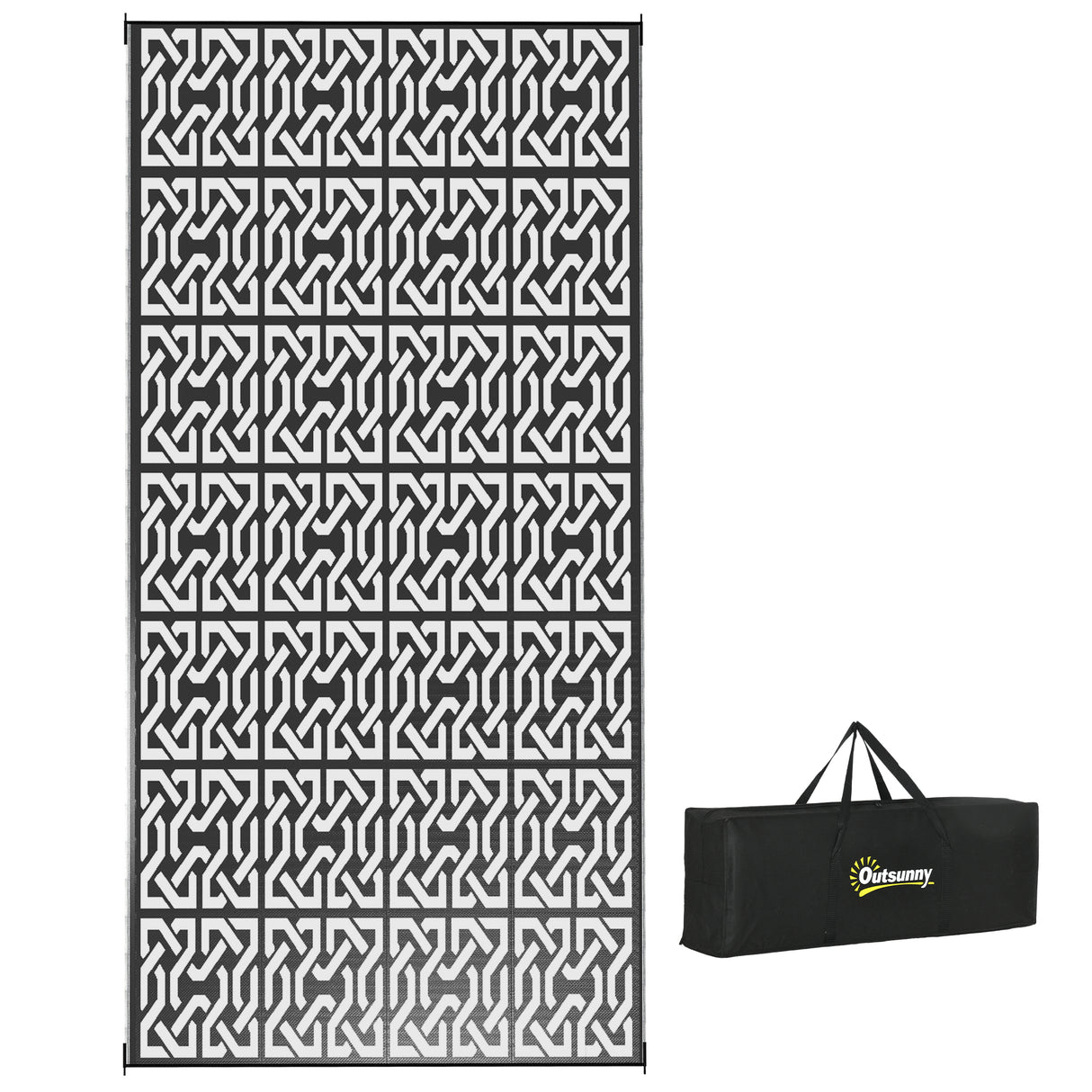 Reversible outdoor rug, 9' x 18' waterproof plastic straw floor mat,  black & white chain