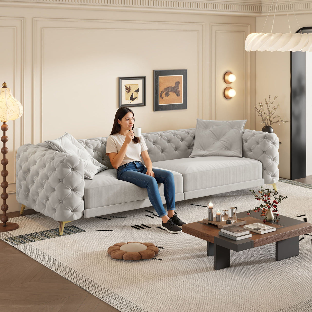 3 In 1 Convertible Sleeper, Deep Seat Pull Out Sofa Bed, Button Tufted