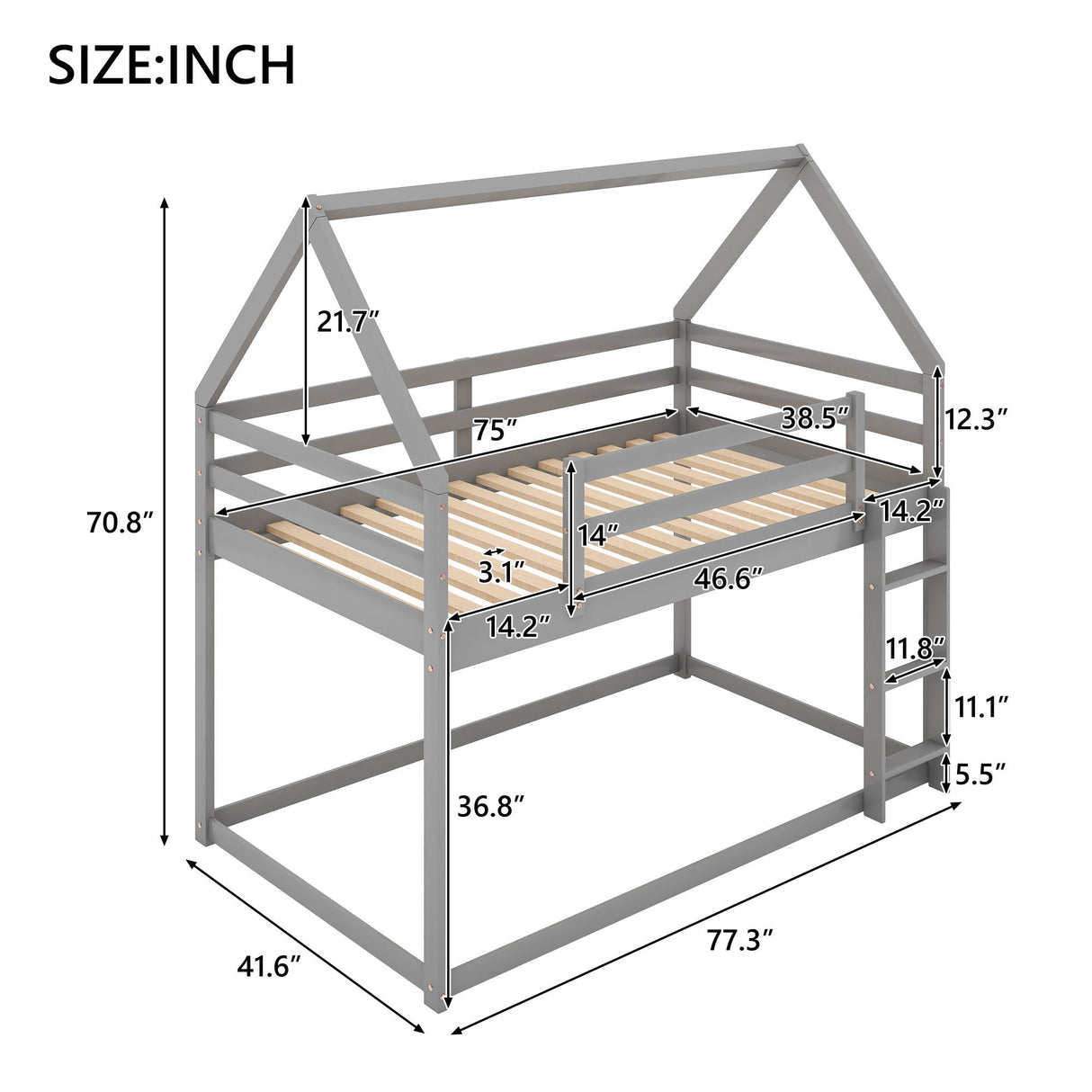 Low Bunk Bed With House Shaped Frame And Ladder