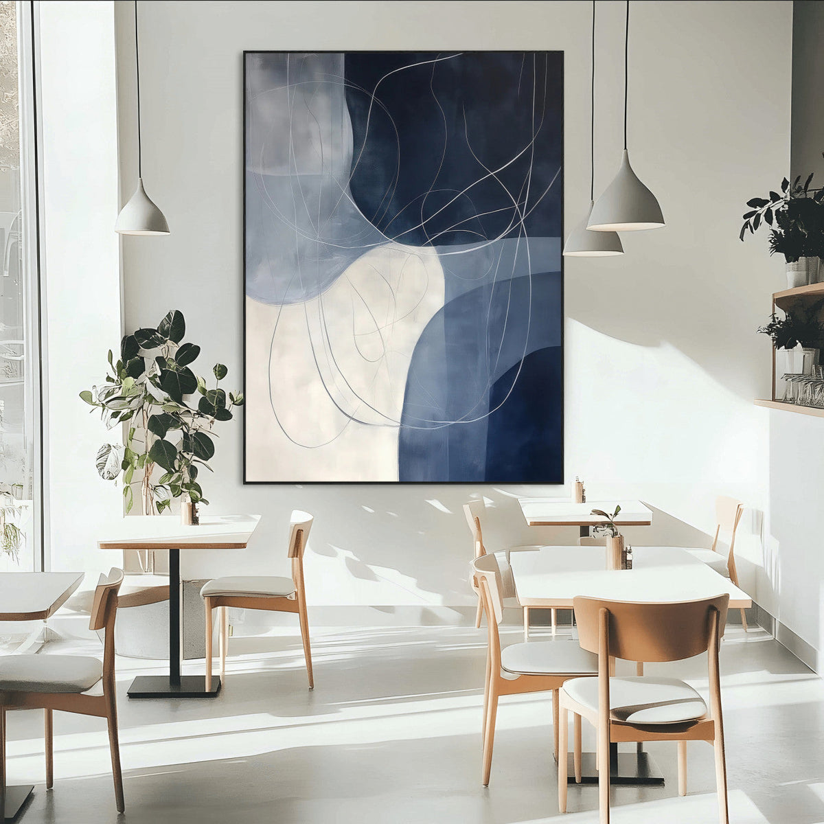 Navy Abstract Wall Art Canvas Print – Framed Minimal Lineart