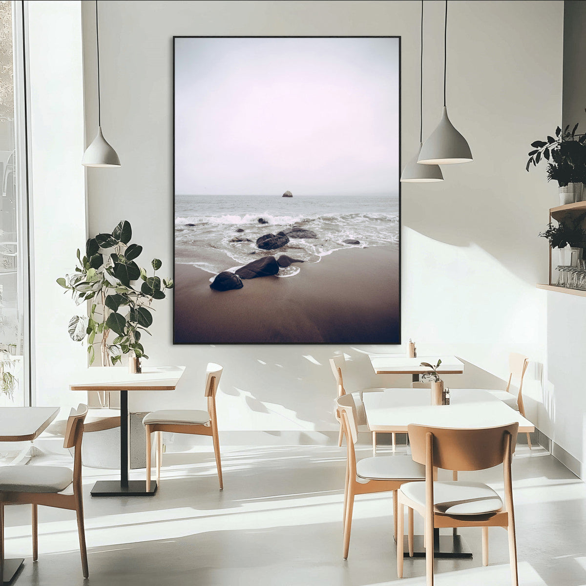 Moody Seascape Wall Art Canvas Print – Framed Neutral Foggy