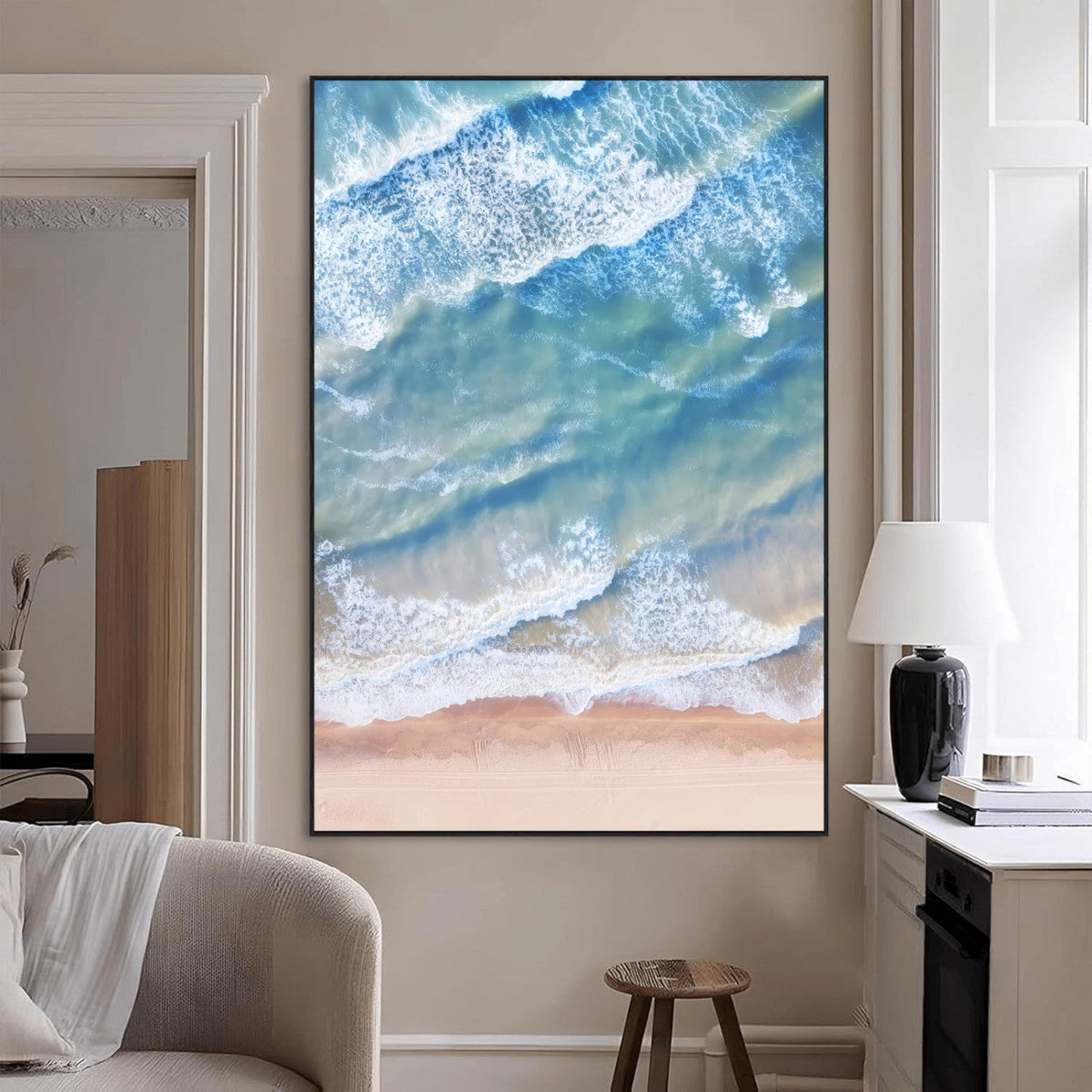 Aerial Ocean View Wall Art Canvas Print – Framed Soft Blue