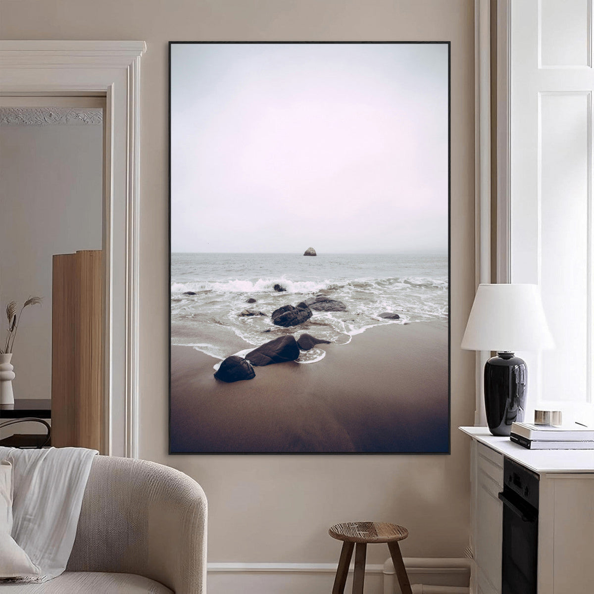 Moody Seascape Wall Art Canvas Print – Framed Neutral Foggy