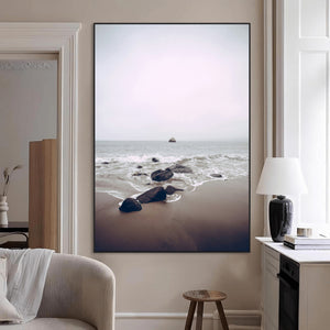 Moody Seascape Wall Art Canvas Print – Framed Neutral Foggy