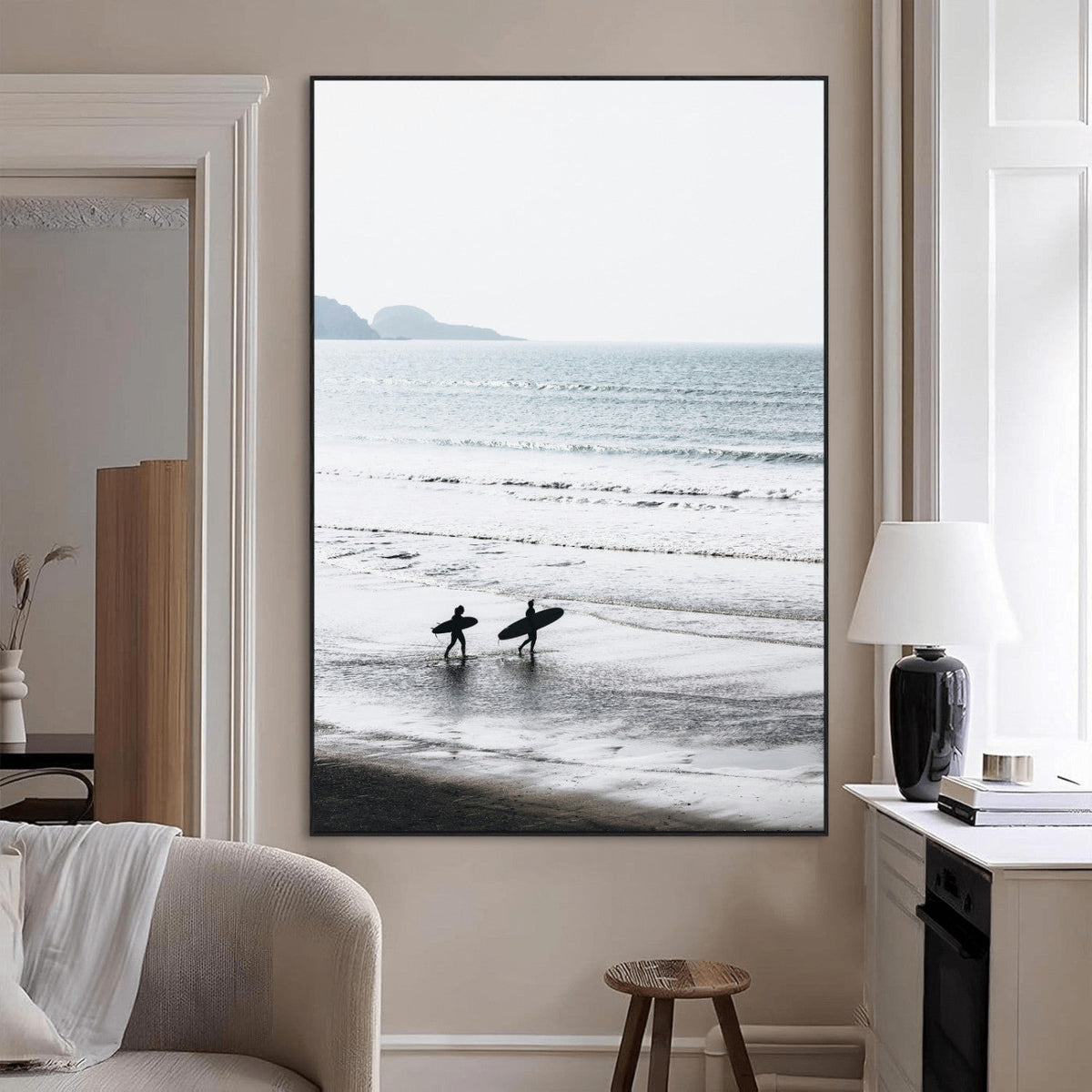 Surfer Silhouettes Wall Art Canvas Print – Minimalist Ocean