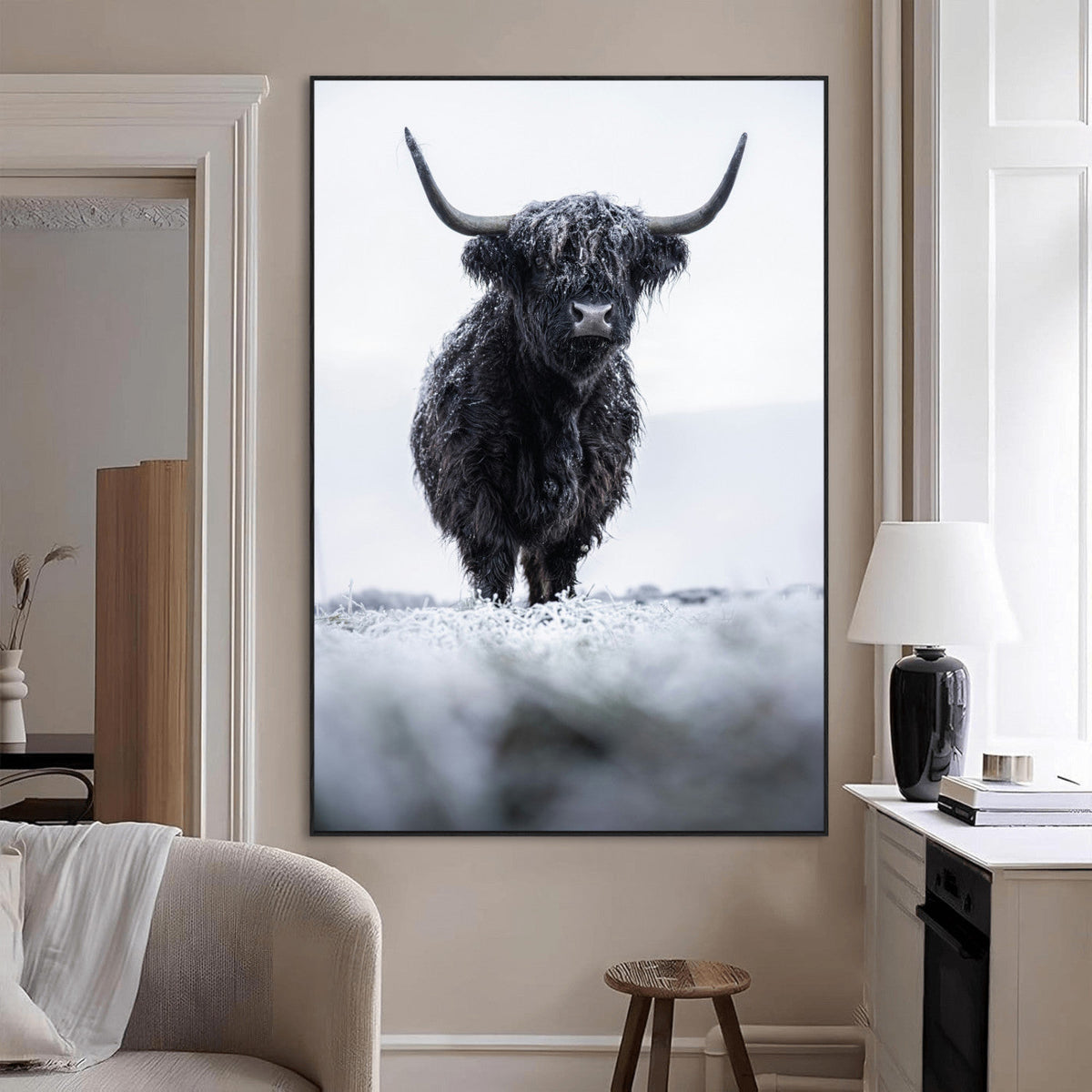 Frosty Black Highland Wall Art Canvas Print – Framed Moody