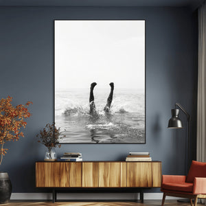 Minimal Ocean Wall Art Canvas Print – Framed Monochrome