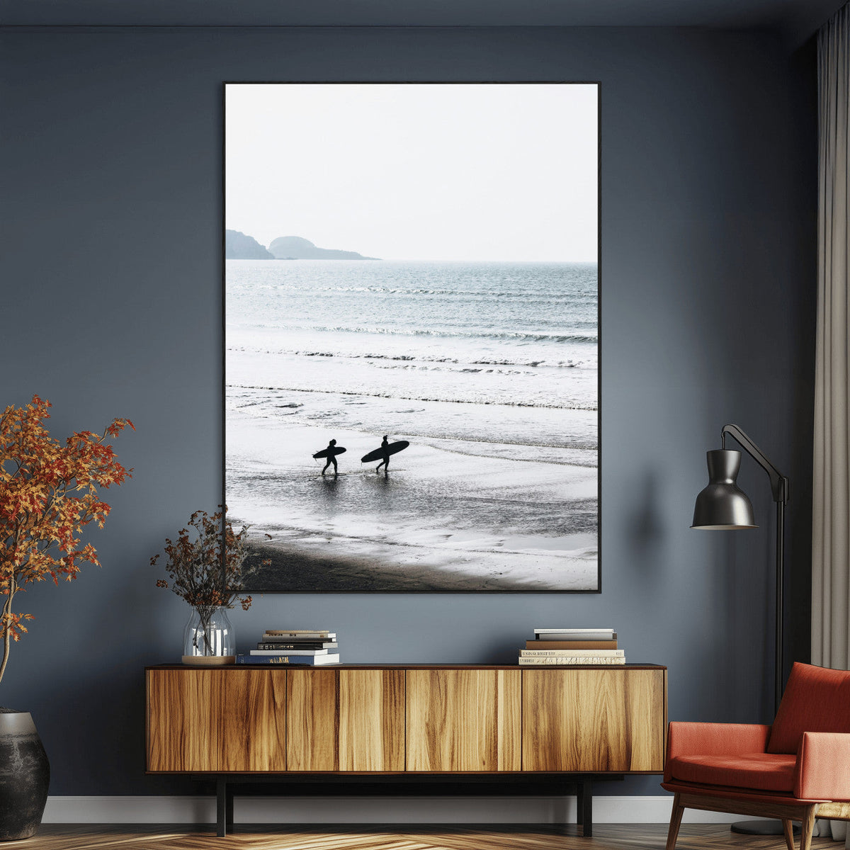 Surfer Silhouettes Wall Art Canvas Print – Minimalist Ocean