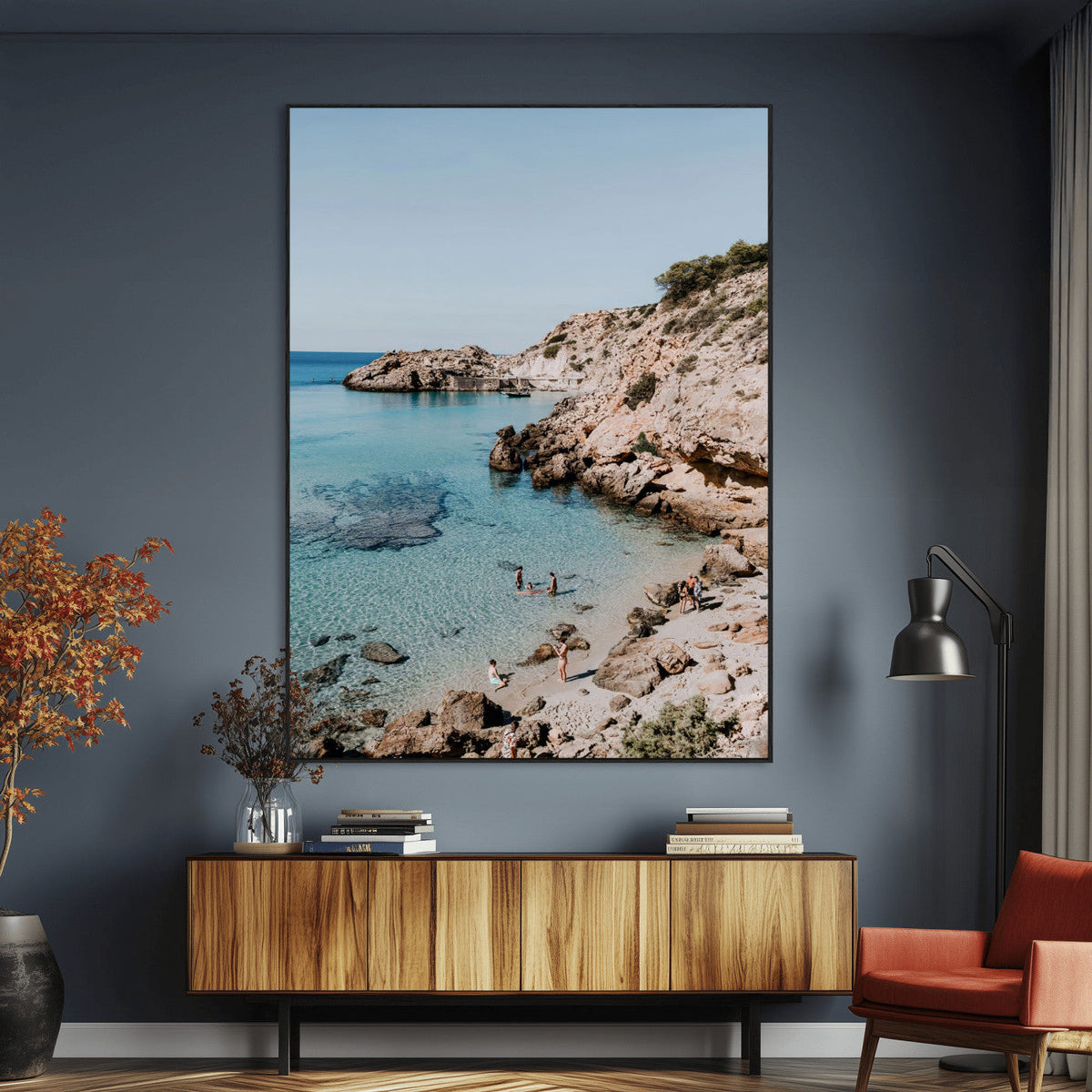 Clear Blue Water Beach Wall Art – Framed Rocky Cove Canvas