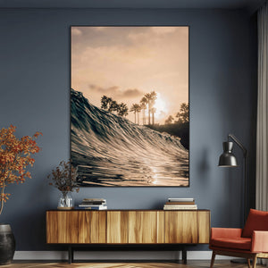 Sunset Wave Ocean Wall Art – Framed Palm Tree Canvas