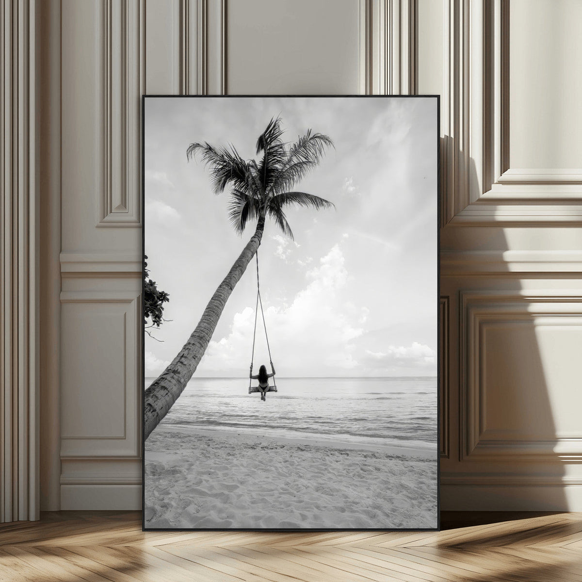 Black White Palm Tree Wall Art Canvas Print – Framed