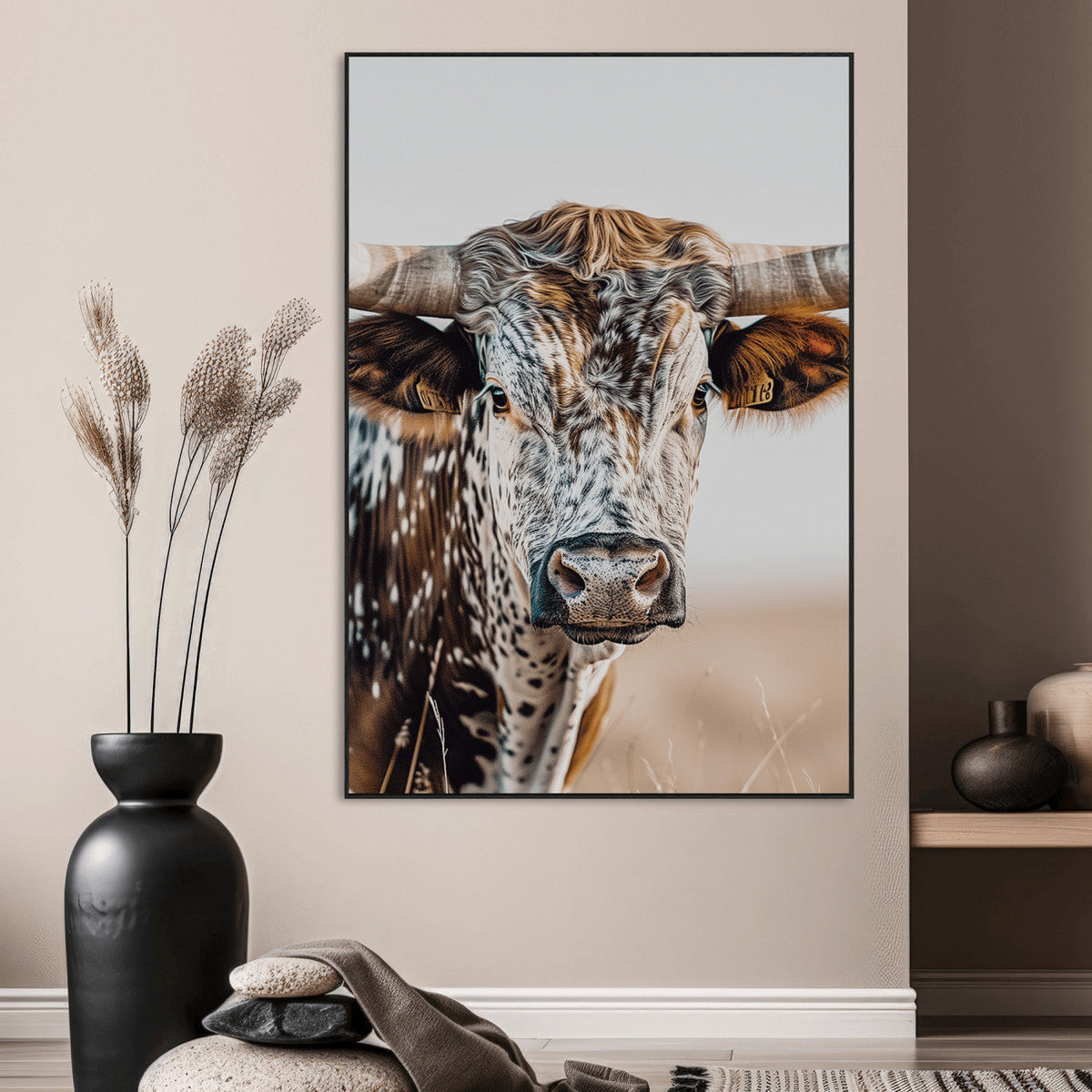 Texas Longhorn Wall Art Canvas Print – Speckled Horned Bull