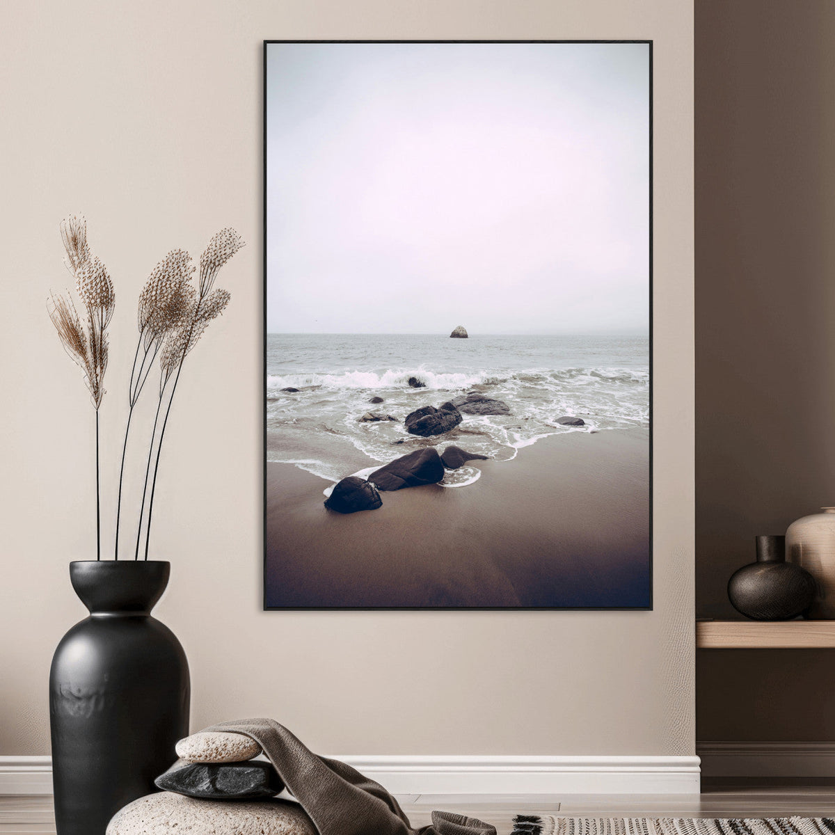 Moody Seascape Wall Art Canvas Print – Framed Neutral Foggy