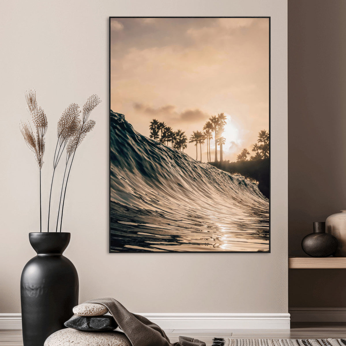 Sunset Wave Ocean Wall Art – Framed Palm Tree Canvas