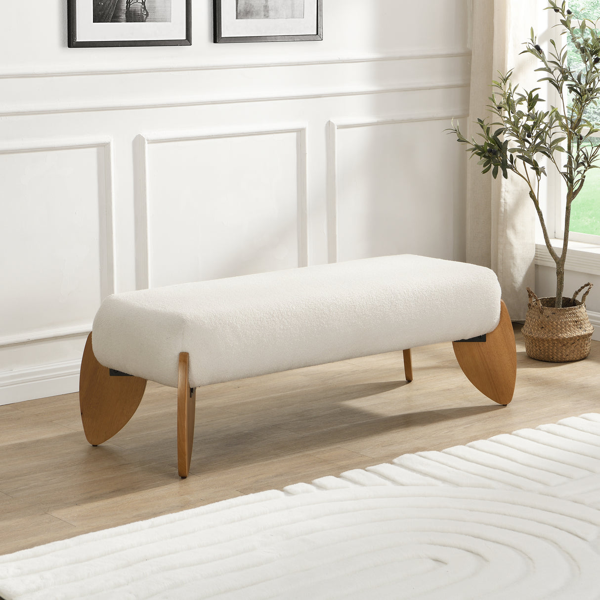 Elegant Long White Bouclé Ottoman