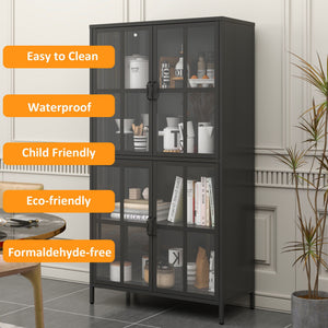 Premium Metal Storage Cabinet With Tempered Glass Doors, Adjustable Shelves, And Anti Tipping Device - Black