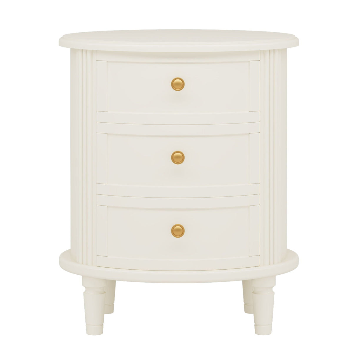 Oval Nightstand With 3 Drawers, Bedside Table - White