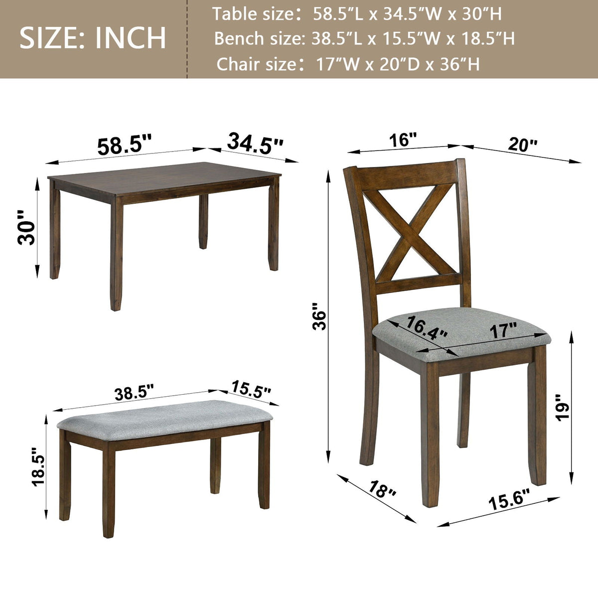 6 Pieces Kitchen Dining Set, Rectangular Wooden Dining Table With 4 Chairs And A Bench