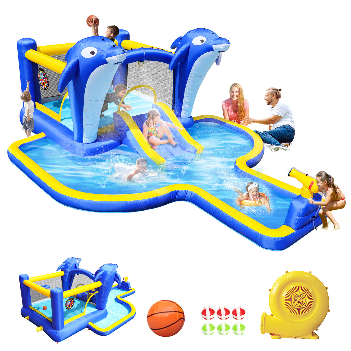 6 in1 Inflatable slide water park and bouncing house  with  Dolphin sprinkler, target games, water gun and basketball