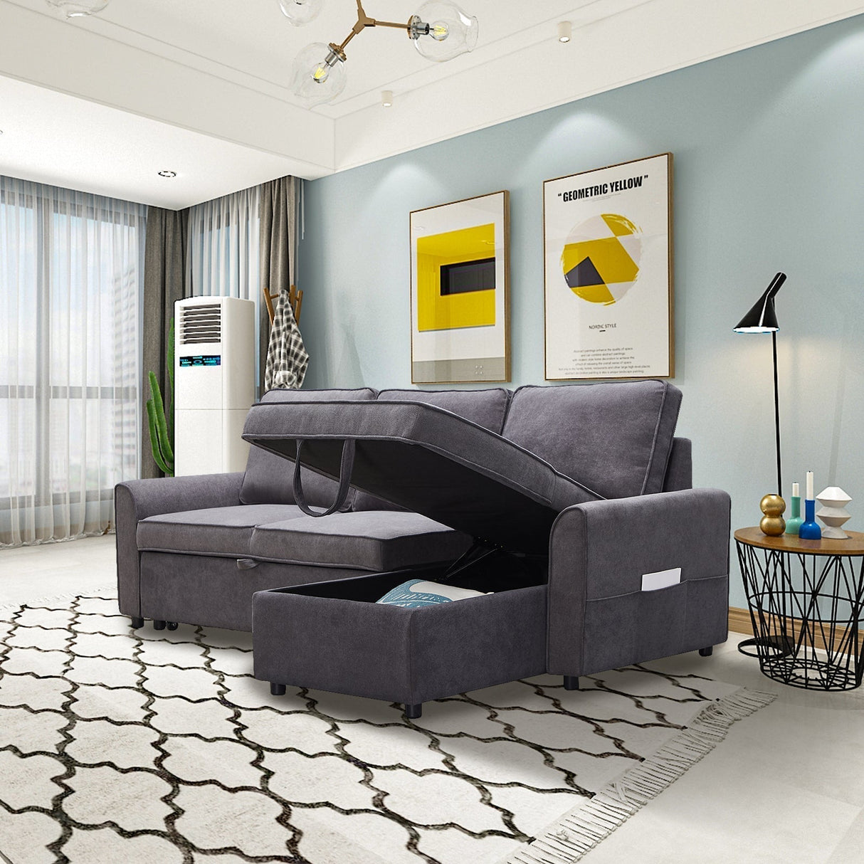 Modern Modular L-Shaped Sofa Bed with ChaiseDark Grey Linen