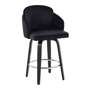 Contemporary Counter Stool in Black Wood and Black Velvet - Set of 2
