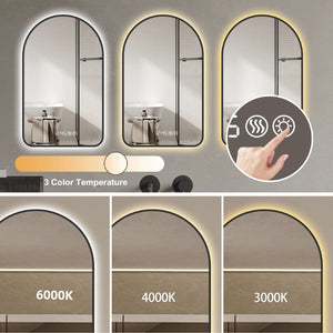 Arched LED Vanity Mirror With Time & Temperature Display, Anti-Fog, Dimmable Backlight In Frame, 3 Color Temperatures