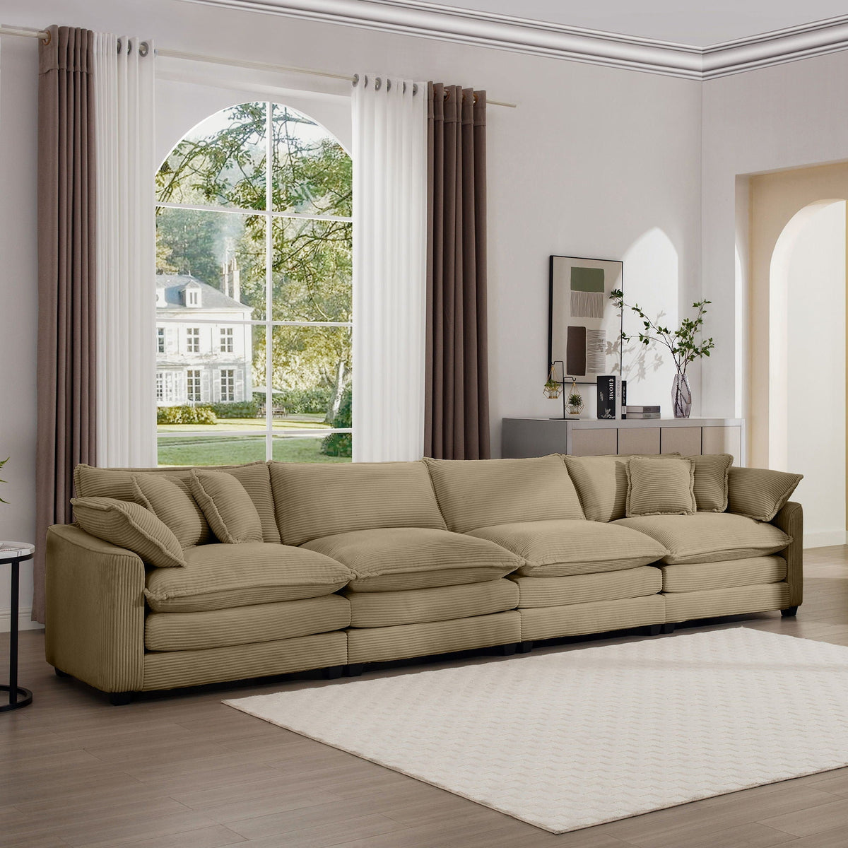 Modern Upholstered 4 Seater Fabric Sofa with Arm and Throw Pillows - Multiple Colors