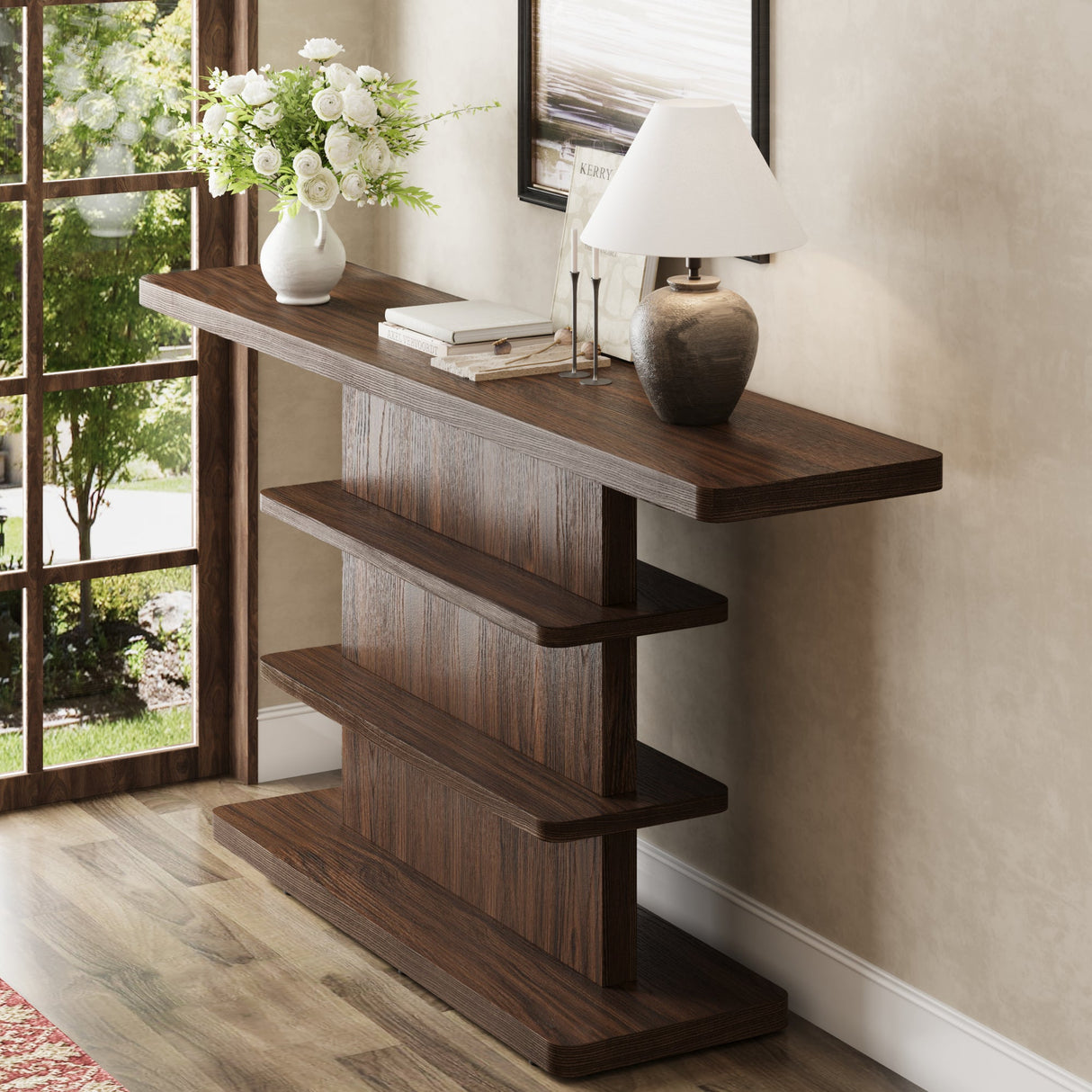 63" Vintage Narrow Console Table with 2 Tier Open Storage Shelves
