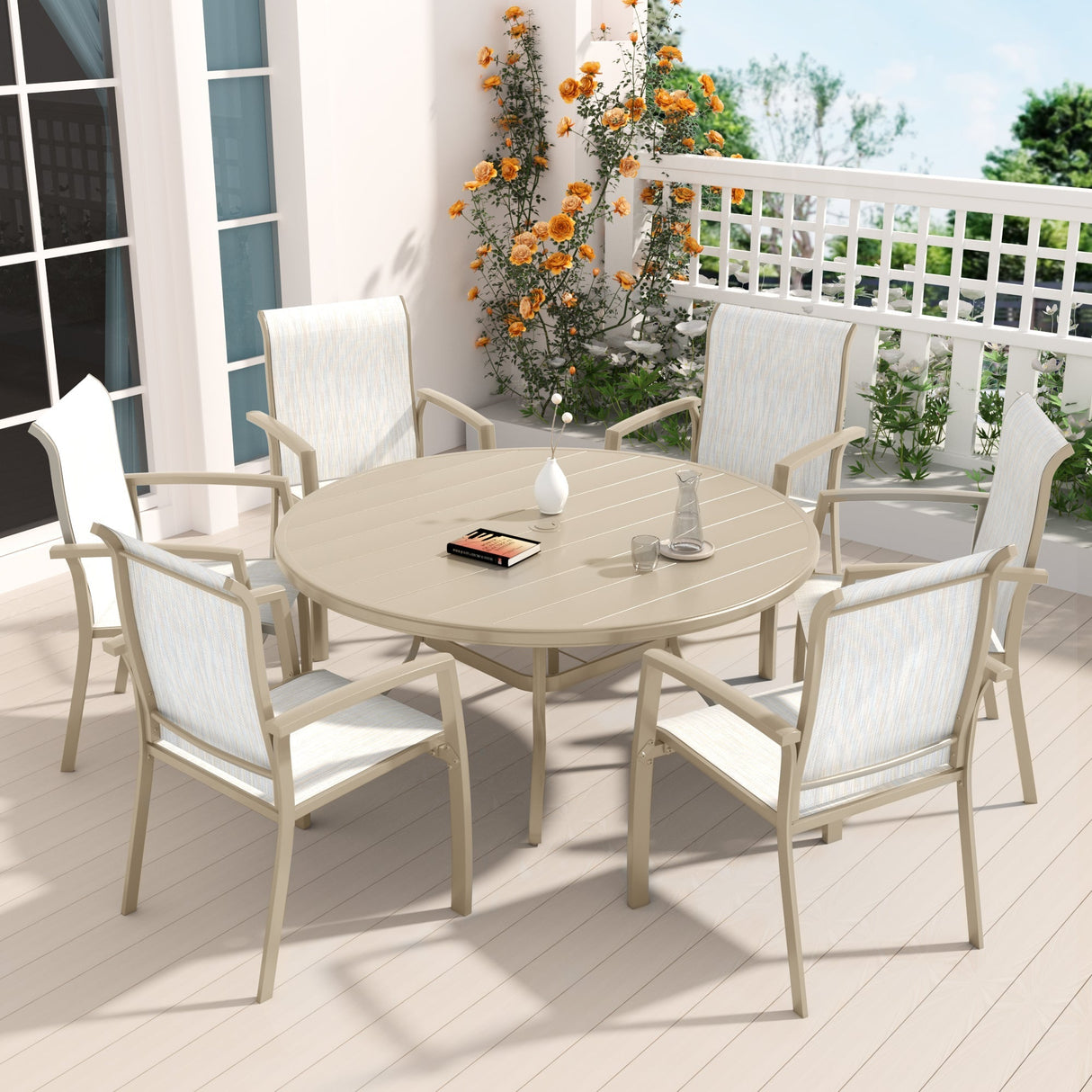 7-Piece Patio Dining Set with Round Metal Table and Stackable Chairs