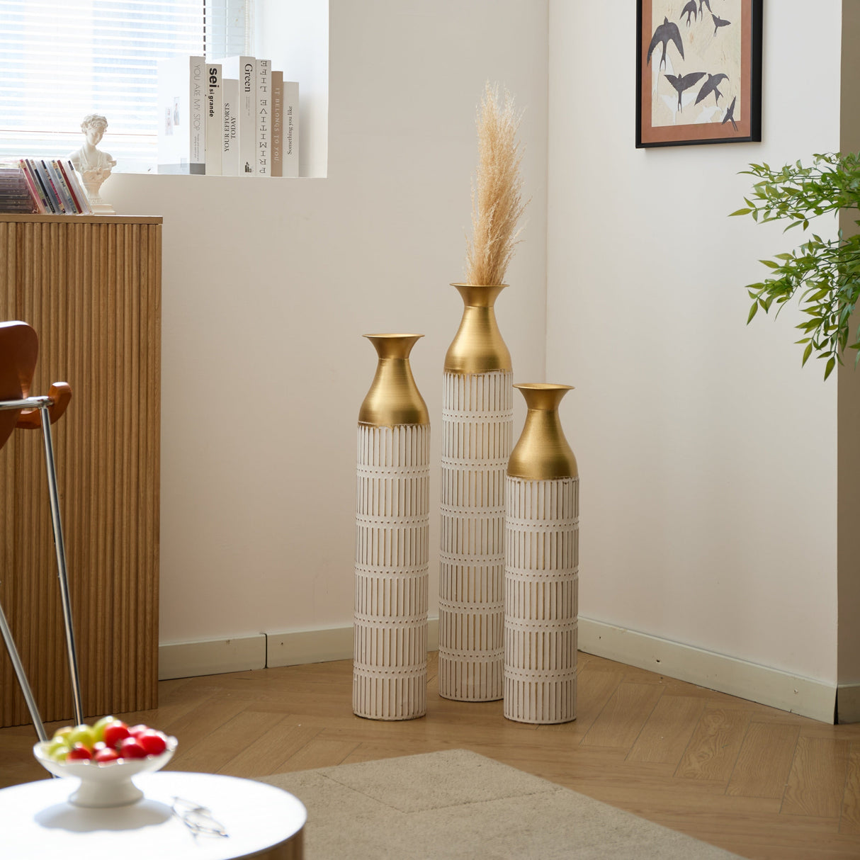 Floor Metal Vases Set of 3 - White with Gold Accents