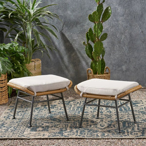 Outdoor Modern Boho Wicker Ottoman With Cushions (Set of 2)