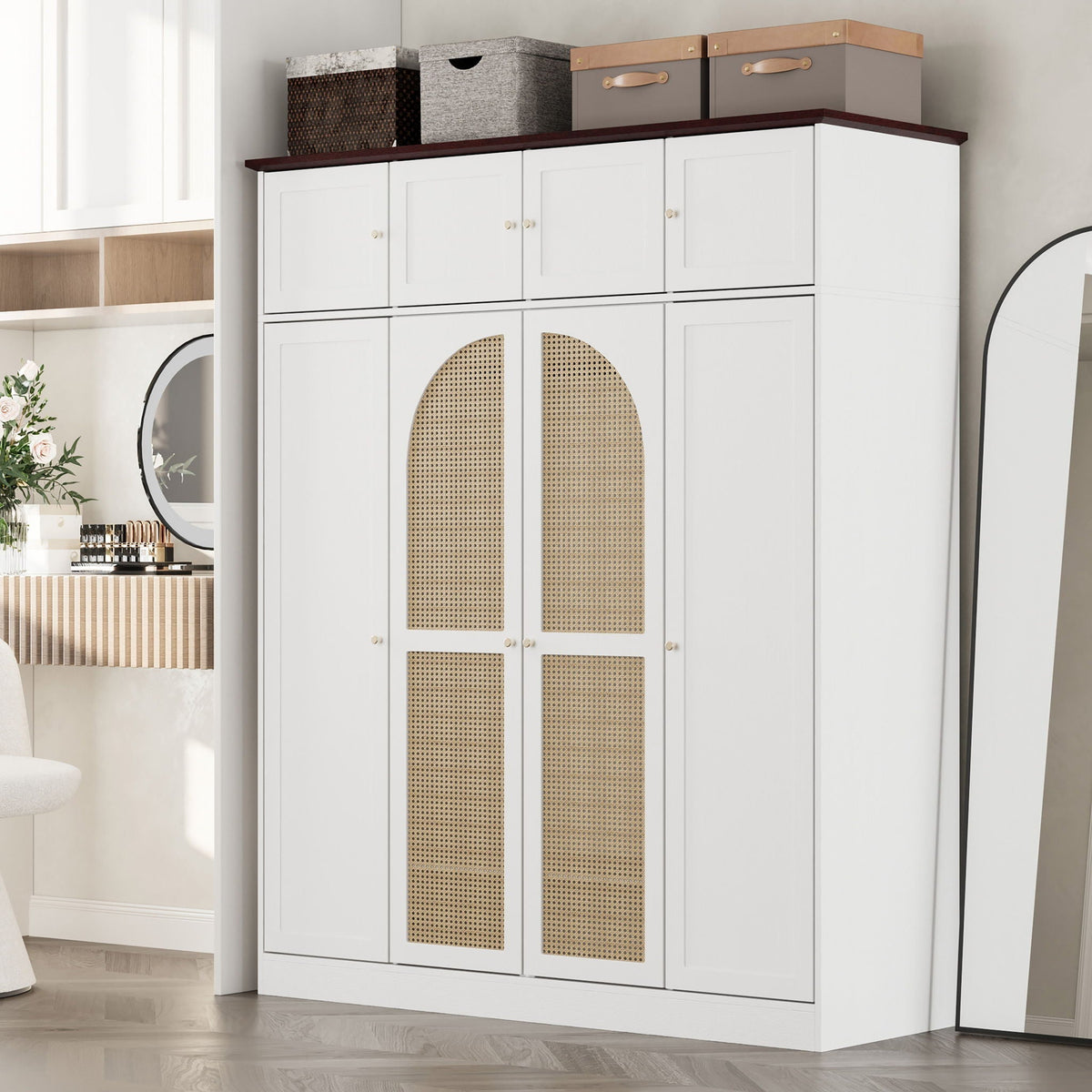 8 Door Armoire Wardrobe with Adjustable Shelves and Hanging Rod - Light Brown or White