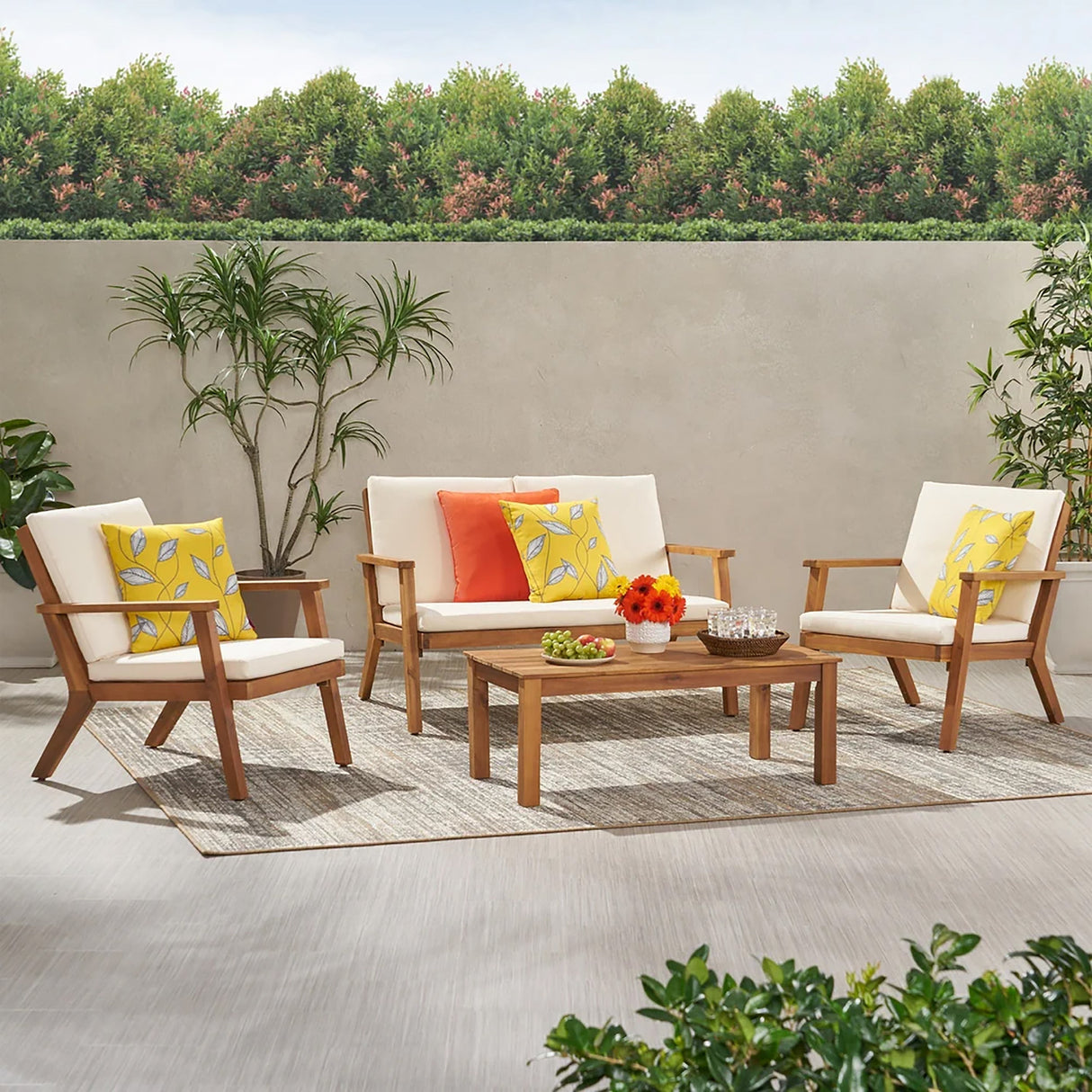 Avacyn Outdoor Acacia Wood 4-Seater Chat Set with Cushions