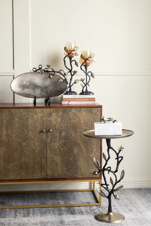 13.8x13.8x24 Black and Gold Aluminum Side Table with Pomegranate Design