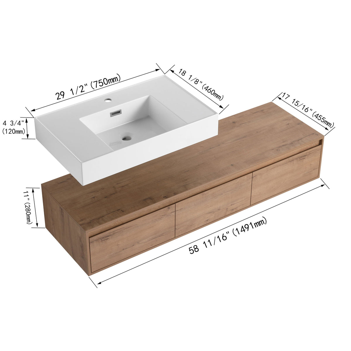 Modern Wall Mounted Bathroom Vanity With Resin Sink And Soft Close Drawer