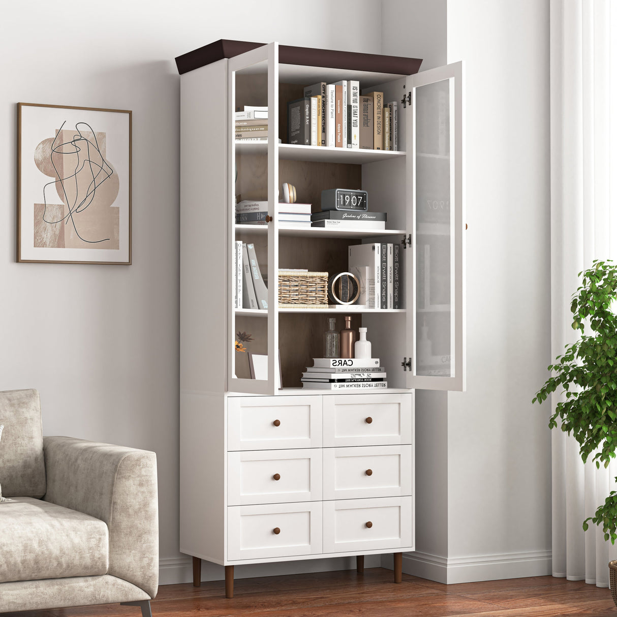 White MDF Display Storage Cabinet with Glass Doors and Adjustable Shelves