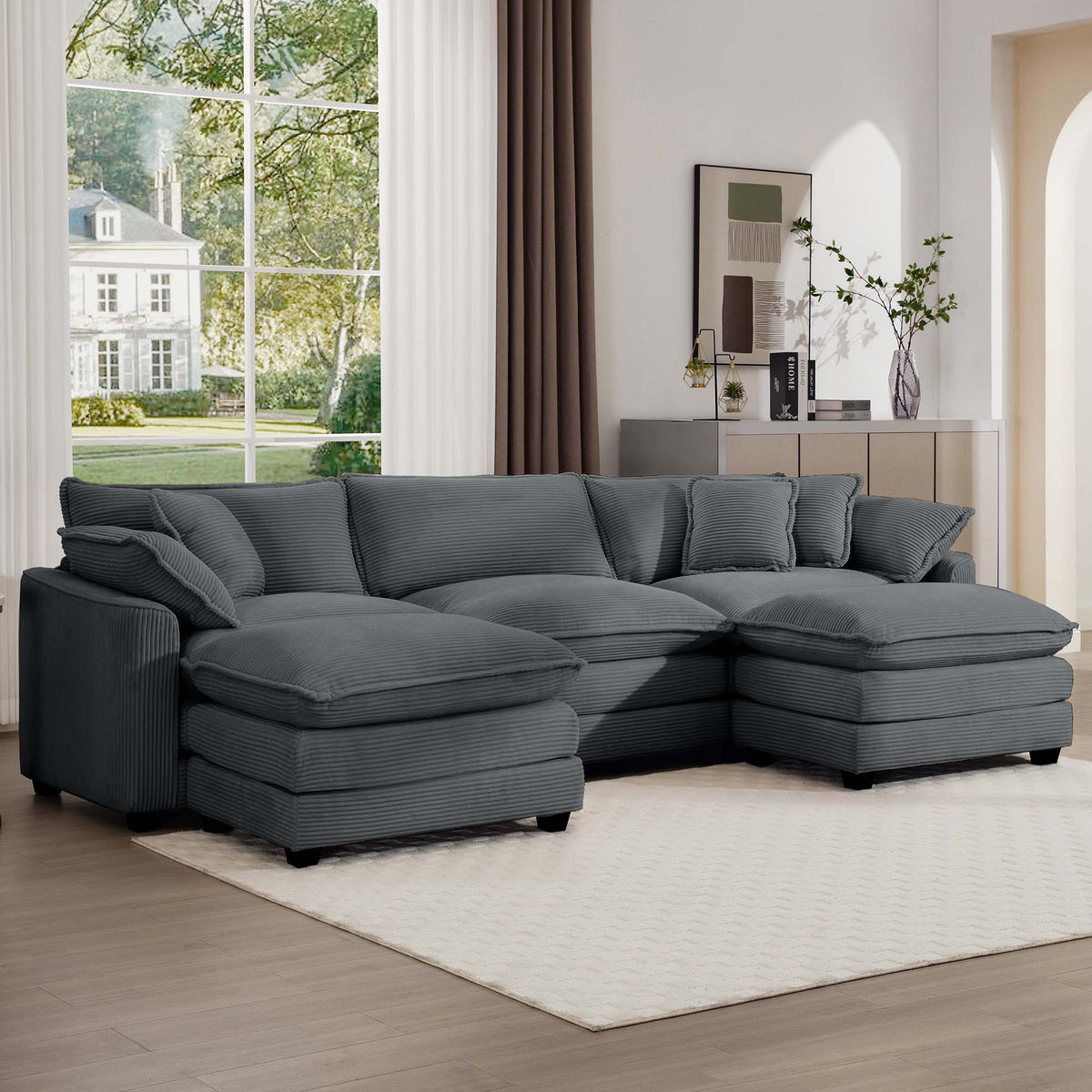 Modern Modular Cushion Sofa Set with Ottoman - Fabric, Multiple Colors