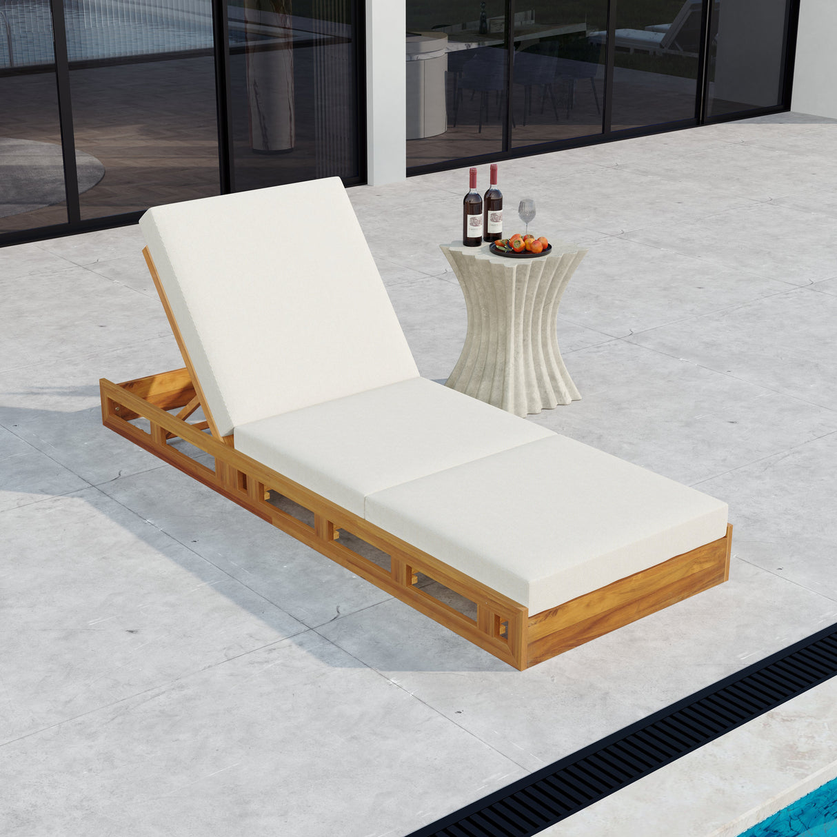 Lounge Chaise Set, Acacia Solid Wood with Lounge Cushion (Cream & Triple Fold) - Matching Dark