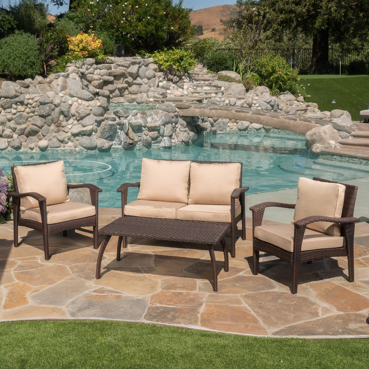 Honolulu 4PC PE Wicker Outdoor Seating Set in Brown and Tan