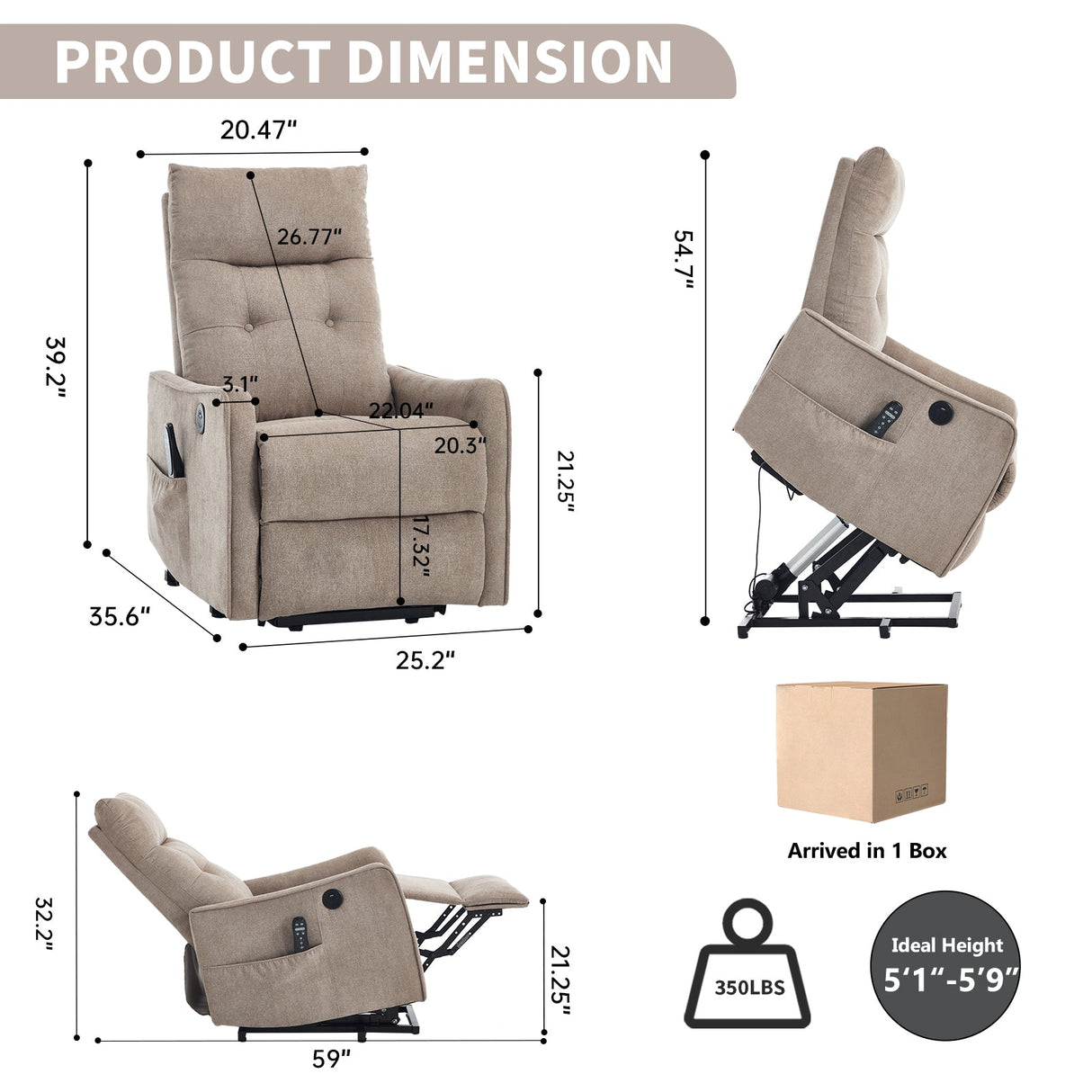 Khaki Chenille Power Lift Recliner Chair with Massage and Heat