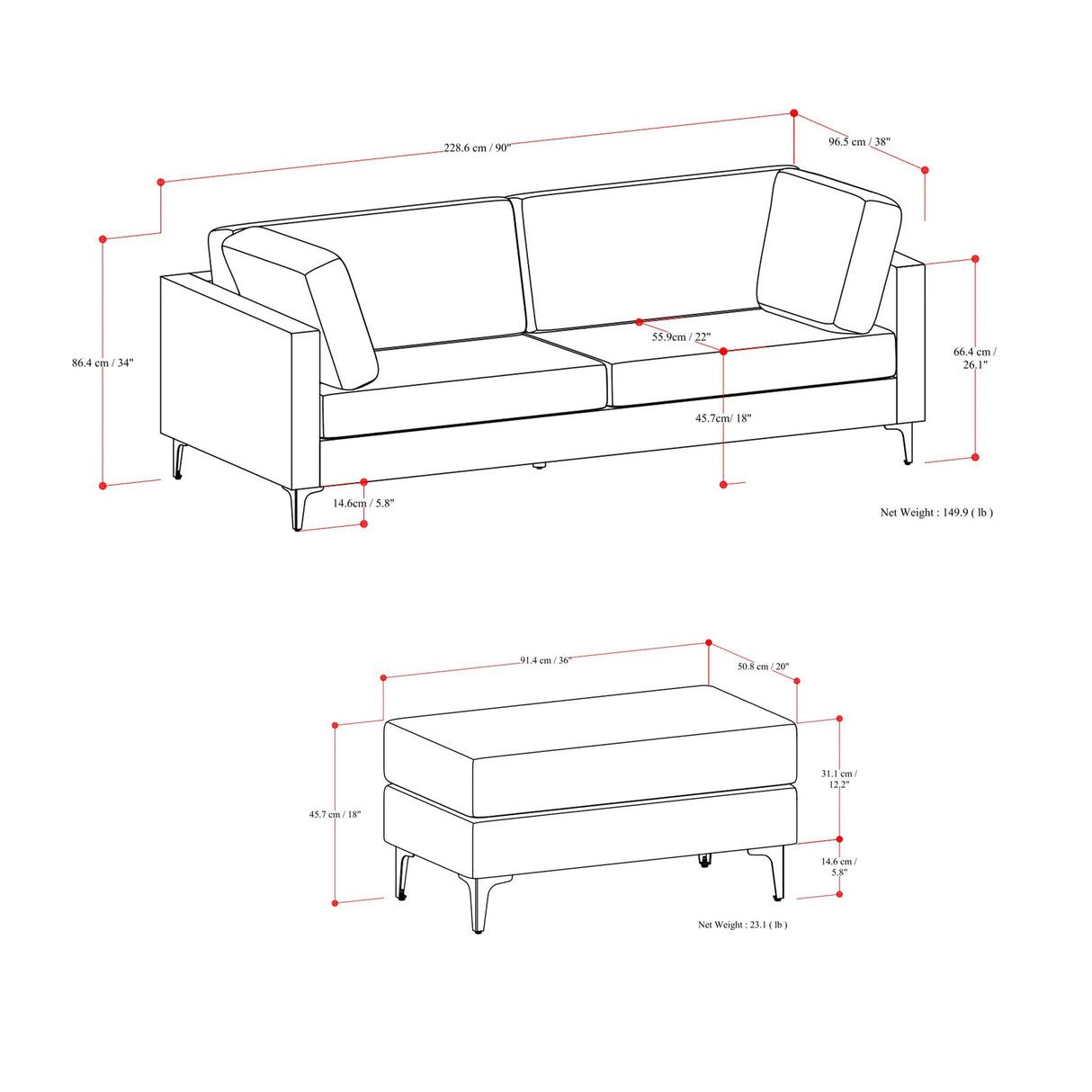 Ava - Mid Century Sofa With Ottoman Set