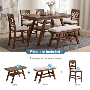 Counter Height 6-Piece Wood Dining Set with Storage Shelf - Walnut