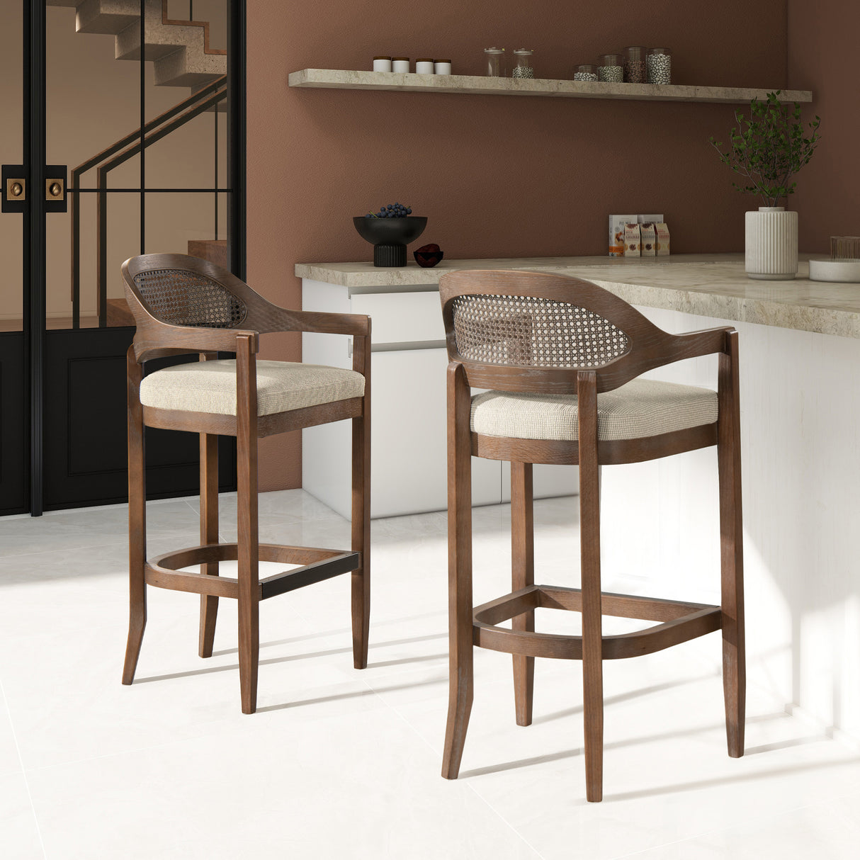 Americana-Mid-Century-Modern-30.5'-Cane-Back-Bar-Stool,-Taupe-Beige-Bar-Stools