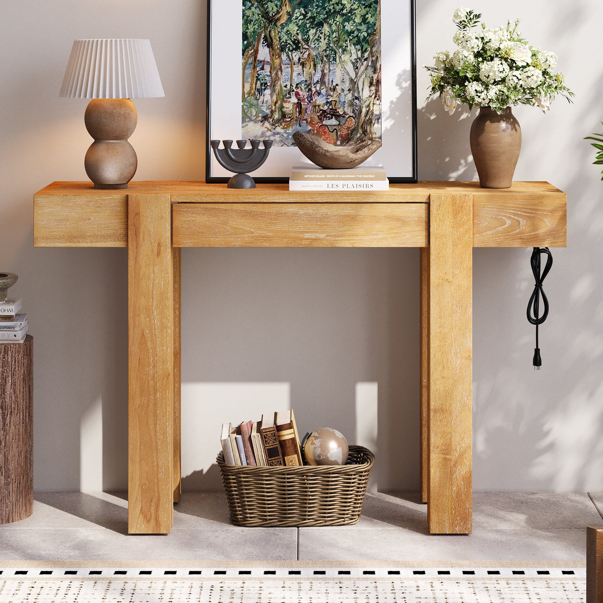 TREXM Rustic Minimalist Console Table with Hidden Drawer