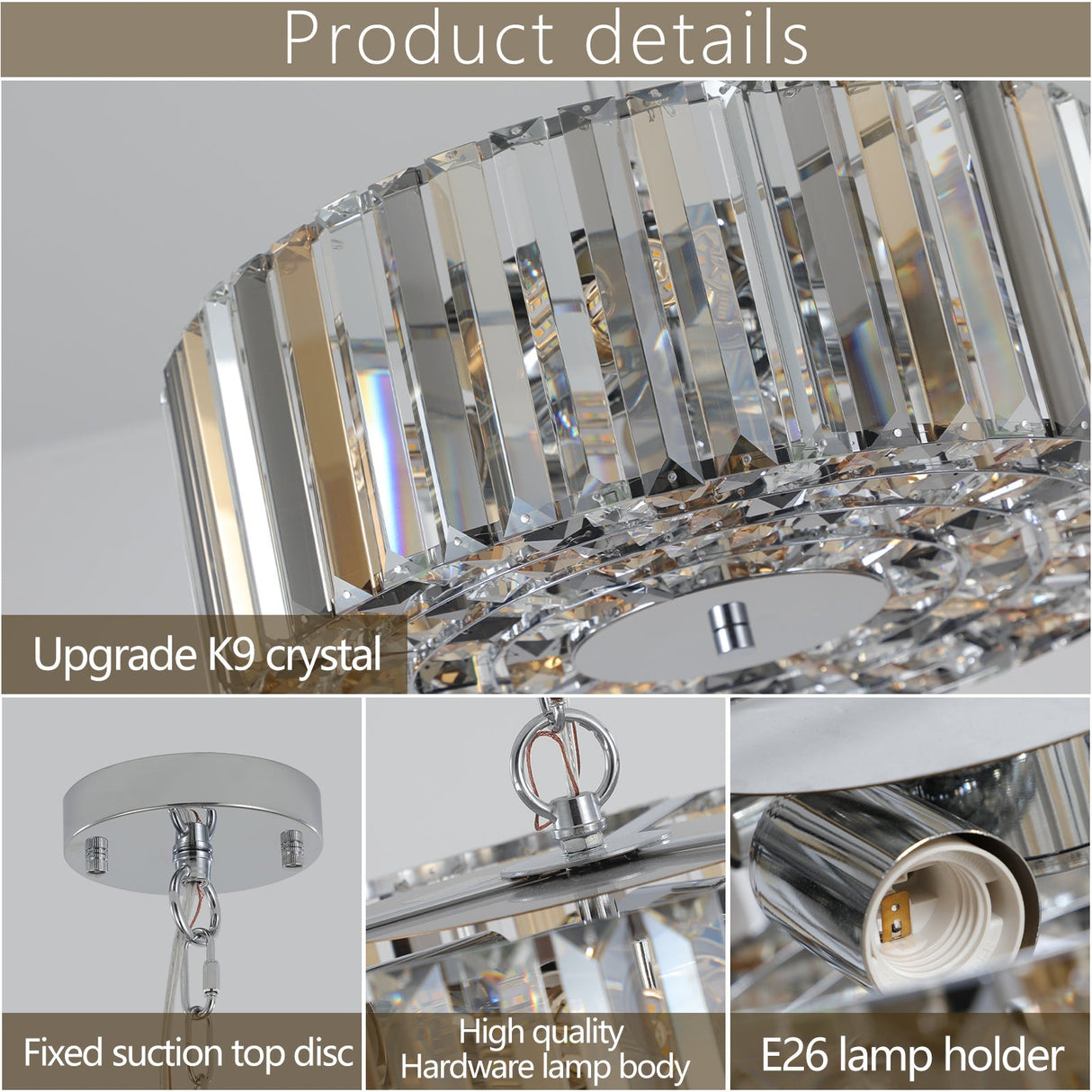 17' Chrome Crystal Pendant Chandelier, Modern Hanging Light Fixture with Adjustable Height, 4-Light E26 Base for Living Room, Dining Room, or Kitchen (No Bulbs)